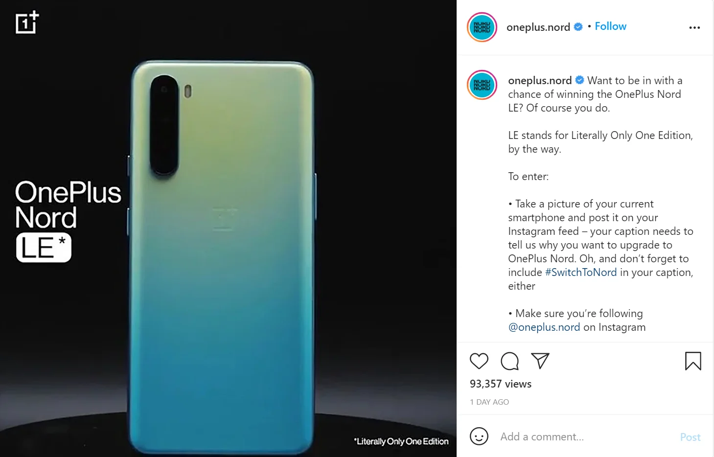 OnePlus Nord Literally Only One Edition instagram